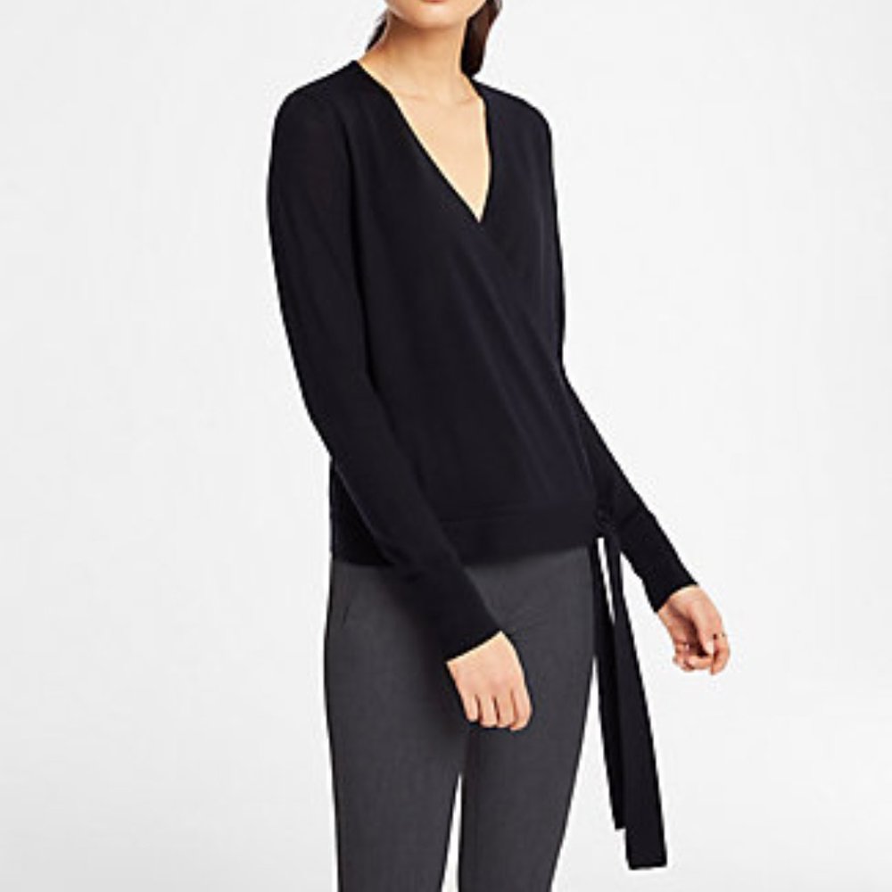 Ann Taylor merino wool black sweater wrap tie top
